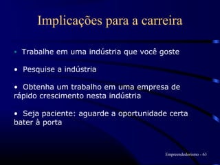 Implicações para a carreira

• Trabalhe em uma indústria que você goste

• Pesquise a indústria

• Obtenha um trabalho em uma empresa de
rápido crescimento nesta indústria

• Seja paciente: aguarde a oportunidade certa
bater à porta



                                       Empreendedorismo - 63
 