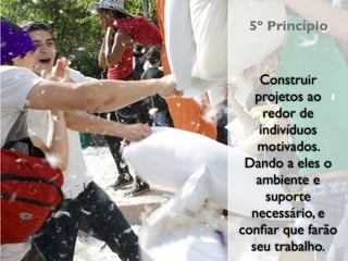 Empreendedorismo e Desenvolvimento Ágil
                                           5º Princípio


                                              Construir
                                             projetos ao
                                               redor de
                                              indivíduos
                                             motivados.
                                           Dando a eles o
                                             ambiente e
                                                suporte
                                            necessário, e
                                          conﬁar que farão
                                            seu trabalho.
                                               XIII Semana da Computação
 