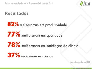 Empreendedorismo e Desenvolvimento Ágil




Resultados

  82% melhoraram em produtividade
  77% melhoraram em qualidade
  78% melhoraram em satisfação do cliente
  37% reduziram em custos
                                          Agile Adoption Survey 2008


                                              XIII Semana da Computação
 