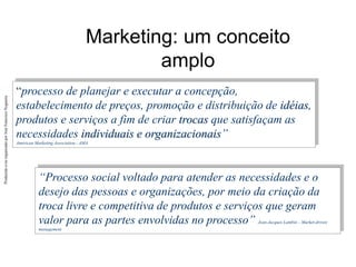 Produzido
e/ou
organizado
por
José
Francisco
Nogueira
Marketing: um conceito
amplo
“processo de planejar e executar a concepção,
estabelecimento de preços, promoção e distribuição de idéias,
produtos e serviços a fim de criar trocas que satisfaçam as
necessidades individuais e organizacionais”
American Marketing Association - AMA
“Processo social voltado para atender as necessidades e o
desejo das pessoas e organizações, por meio da criação da
troca livre e competitiva de produtos e serviços que geram
valor para as partes envolvidas no processo” Jean-Jacques Lambin – Market-driven
management
 