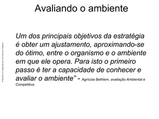 Produzido
e/ou
organizado
por
José
Francisco
Nogueira
Avaliando o ambiente
Um dos principais objetivos da estratégia
é obter um ajustamento, aproximando-se
do ótimo, entre o organismo e o ambiente
em que ele opera. Para isto o primeiro
passo é ter a capacidade de conhecer e
avaliar o ambiente” - Agrícola Bethlem, avaliação Ambiental e
Competitiva
 