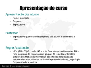 Apresentação do curso
    Apresentação dos alunos
         – Nome, profissão
         – Empresa
         – Expectativa


    Professor
         – Expectativa quanto ao desempenho dos alunos e como será o
           curso


    Regras/avaliação
         – NF = (PN + TI)/2, onde: NF = nota final de aproveitamento; PN =
           nota do plano de negócios (em grupo); TI = média aritmética
           simples dos trabalhos individuais solicitados (respostas aos
           estudos de casos, dilemas do livro Empreendedorismo, jogo Dupla
           Empreendedora, outros.
Copyright © www.josedornelas.com
 