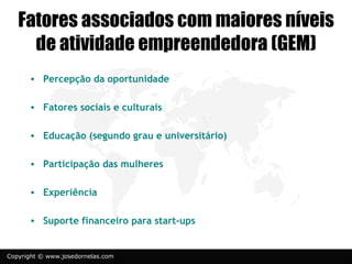 Fatores associados com maiores níveis
     de atividade empreendedora (GEM)
      • Percepção da oportunidade

      • Fatores sociais e culturais

      • Educação (segundo grau e universitário)

      • Participação das mulheres

      • Experiência

      • Suporte financeiro para start-ups


Copyright © www.josedornelas.com
 