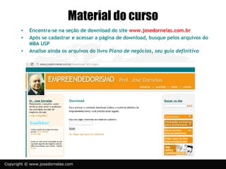 Material do curso
       •   Encontra-se na seção de download do site www.josedornelas.com.br
       •   Após se cadastrar e acessar a página de download, busque pelos arquivos do
           MBA USP
       •   Analise ainda os arquivos do livro Plano de negócios, seu guia definitivo




Copyright © www.josedornelas.com
 