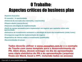 O Trabalho:
         Aspectos críticos do business plan
   •Sumário Executivo
   •O conceito / A oportunidade
   •Potencial do mercado-alvo (tamanho, crescimento)
   •Players atuais (concorrência)
   •Possíveis estratégias de implementação
   •Perfil da equipe necessária para implementar um negócio que capitalize sobre esta
   oportunidade
   •Estimativa de investimento necessário e estratégia de busca de investimento (onde/como)
   •Cronograma sugerido de implementação do negócio
   •Expectativa de retorno sobre o investimento (justificada)
   •Recomendações do grupo



        Todos deverão utilizar o www.easyplan.com.br e o exemplo
        do Tourbr.com como template para o desenvolvimento do
        PN. Além disso, devem entregar no dia da apresentação
        uma cópia eletrônica do PN e da apresentação (arquivos
        finais em Word, Excel e PPT, incluindo todos os anexos)
Copyright © www.josedornelas.com
 
