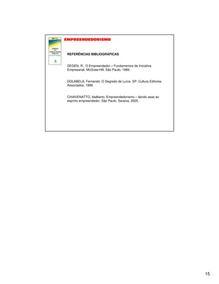 REFERÊNCIAS BIBLIOGRÁFICAS
DEGEN, R., O Empreendedor – Fundamentos da Iniciativa
Empresarial, McGraw-Hill, São Paulo, 1989.
DOLABELA, Fernando. O Segredo de Luíza. SP: Cultura Editores
Associados, 1999.
CHIAVENATTO, Idalberto. Empreendedorismo – dando asas ao
espírito empreendedor. São Paulo. Saraiva, 2005.

15

 
