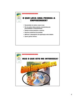 Necessidade de realizar coisas novas
Pôr em prática idéias próprias, características de
personalidade e comportamentos
Realizar sonhos pessoais e coletivos
Resolver problemas da sociedade
Melhorar o desempenho da organização onde trabalho
Querer ganhar dinheiro

4

 