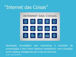 “Internet das Coisas”
Revolução tecnológica que representa a evolução da
computação e tem como objetivo estabelecer uma interação
entre objetos inteligentes por meio da Internet.
Fonte: Futurecom/2014.
 