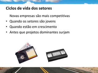 Ciclos de vida dos setores
Novas empresas são mais competitivas
• Quando os setores são jovens
• Quando estão em crescimento
• Antes que projetos dominantes surjam
 