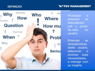 DEFINIÇÃO
Processar e
sintetizar as
descobertas
sob o ponto-
de-vista do
usuário.
Entender as
características
deste usuário,
selecionar e
priorizar suas
necessidades,
e interagir com
os insights.
 