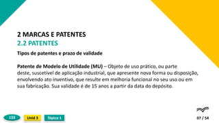 Tipos de patentes e prazo de validade
Patente de Modelo de Utilidade (MU) – Objeto de uso prático, ou parte
deste, suscetível de aplicação industrial, que apresente nova forma ou disposição,
envolvendo ato inventivo, que resulte em melhoria funcional no seu uso ou em
sua fabricação. Sua validade é de 15 anos a partir da data do depósito.
07 / 54
2 MARCAS E PATENTES
2.2 PATENTES
Tópico 1
Unid 3
133
 