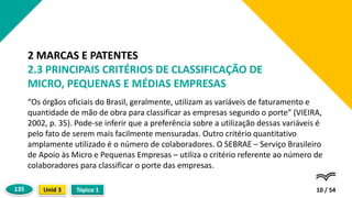 “Os órgãos oficiais do Brasil, geralmente, utilizam as variáveis de faturamento e
quantidade de mão de obra para classificar as empresas segundo o porte” (VIEIRA,
2002, p. 35). Pode-se inferir que a preferência sobre a utilização dessas variáveis é
pelo fato de serem mais facilmente mensuradas. Outro critério quantitativo
amplamente utilizado é o número de colaboradores. O SEBRAE – Serviço Brasileiro
de Apoio às Micro e Pequenas Empresas – utiliza o critério referente ao número de
colaboradores para classificar o porte das empresas.
10 / 54
2 MARCAS E PATENTES
2.3 PRINCIPAIS CRITÉRIOS DE CLASSIFICAÇÃO DE
MICRO, PEQUENAS E MÉDIAS EMPRESAS
Tópico 1
Unid 3
135
 