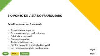 Benefícios de ser um franqueado
• Treinamento e suporte;
• Produtos e serviços padronizados;
• Publicidade nacional;
• Comprando poder;
• Assistência financeira;
• Escolha do ponto e proteção territorial;
• Um modelo de negócio que funciona.
19 / 54
3 O PONTO DE VISTA DO FRANQUEADO
Tópico 2
Unid 3
143
 