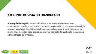 A franquia de negócio formatado fornece ao franqueado um sistema
empresarial completo, um nome com marca registrada, os produtos ou serviços
a serem vendidos, os edifícios onde a empresa funcionará, uma estratégia de
marketing, métodos para operar a empresa, controle de qualidade e auxílio na
administração da empresa.
22 / 54
3 O PONTO DE VISTA DO FRANQUEADO
Tópico 2
Unid 3
145
 