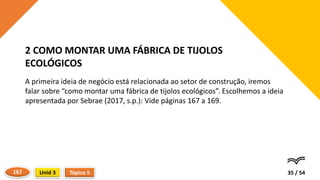 A primeira ideia de negócio está relacionada ao setor de construção, iremos
falar sobre “como montar uma fábrica de tijolos ecológicos”. Escolhemos a ideia
apresentada por Sebrae (2017, s.p.): Vide páginas 167 a 169.
35 / 54
2 COMO MONTAR UMA FÁBRICA DE TIJOLOS
ECOLÓGICOS
Tópico 5
Unid 3
167
 