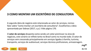 A segunda ideia de negócio está relacionada ao setor de serviços, iremos
falar sobre “como montar um escritório de consultoria”. Escolhemos a ideia
apresentada por Sebrae (2017, s.p.): Vide página 170.
O setor de serviços desponta como sendo um setor promissor na área de
negócios, este cenário se reflete tanto no Brasil como no mundo todo. O setor de
serviços vem crescendo principalmente em serviços ligados à família, turismo,
transporte, serviços de audiovisual, serviços técnicos profissionais, armazenagem.
36 / 54
3 COMO MONTAR UM ESCRITÓRIO DE CONSULTORIA
Tópico 5
Unid 3
170
 