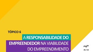 ARESPONSABILIDADEDO
EMPREENDEDORNAVIABILIDADE
DOEMPREENDIMENTO
TÓPICO 6
39 / 54
 