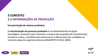 Caracterização do sistema produtivo
A caracterização do processo produtivo é um detalhamento da opção
tecnológica, necessária para aumentar a certeza das projeções de investimentos,
receitas e custos; e também para dimensionar a fábrica para dar condições ao
início da etapa da engenharia básica (CASAROTTO FILHO, 2009).
46 / 54
2 CONCEITO
2.2 INFORMAÇÕES DE PRODUÇÃO
Tópico 6
Unid 3
185
 