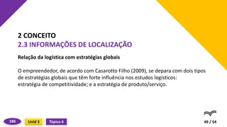 Relação da logística com estratégias globais
O empreendedor, de acordo com Casarotto Filho (2009), se depara com dois tipos
de estratégias globais que têm forte influência nos estudos logísticos:
estratégia de competitividade; e a estratégia de produto/serviço.
49 / 54
2 CONCEITO
2.3 INFORMAÇÕES DE LOCALIZAÇÃO
Tópico 6
Unid 3
186
 