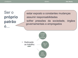 01/05/2014 SENAC Aoki Media 
Ser o 
próprio 
patrão 
é... 
•estar exposto a constantes mudanças 
•assumir responsabilidades 
•sofrer pressões da sociedade, órgãos 
governamentais e empregados 
• Dedicação 
ao trabalho: 
Trabalha-se 
mais 
de 8 
horas/dia 
Não há 
salário 
fixo 
Sem 
férias 
integrais 
 
