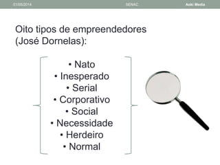 01/05/2014 SENAC Aoki Media 
Oito tipos de empreendedores 
(José Dornelas): 
• Nato 
• Inesperado 
• Serial 
• Corporativo 
• Social 
• Necessidade 
• Herdeiro 
• Normal 
 