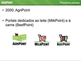 • 2000: AgriPoint
• Portais dedicados ao leite (MilkPoint) e à
carne (BeefPoint)
Primeiros passos
 