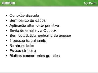 • Conexão discada
• Sem banco de dados
• Aplicação altamente primitiva
• Envio de emails via Outlook
• Sem estatística nenhuma de acesso
• 1 pessoa trabalhando
• Nenhum leitor
• Pouco dinheiro
• Muitos concorrentes grandes
AgriPoint
 