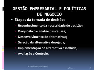 GESTÃO EMPRESARIAL E POLÍTICAS
          DE NEGÓCIO
 Etapas da tomada de decisões
   Reconhecimento da necessidade de decisão;
   Diagnóstico e análise das causas;
   Desenvolvimento de alternativas;
   Seleção da alternativa desejada;
   Implementação da alternativa escolhida;
   Avaliação e Controle.


          STENFORD CENTRO DE ENSINO
                                        13/8/2012   46
 