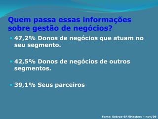 Quem passa essas informações
sobre gestão de negócios?
 47,2% Donos de negócios que atuam no
 seu segmento.

 42,5% Donos de negócios de outros
 segmentos.

 39,1% Seus parceiros




                          Fonte: Sebrae-SP/iMasters – nov/09
 