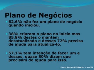 Plano de Negócios
 62,6% não fez um plano de negócio
  quando iniciou.

 38% criaram o plano no início mas
  85,8% destes o mantém
  desatualizado e desses 72% precisa
 de ajuda para atualizá-lo.

 57,1% tem intenção de fazer um e
 desses, quase 80% dizem que
 precisam de ajuda para isso.
                          Fonte: Sebrae-SP/iMasters – nov/09
 