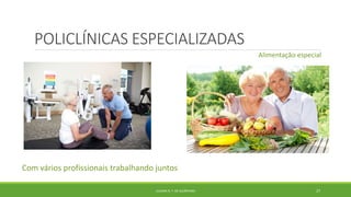 POLICLÍNICAS ESPECIALIZADAS
Alimentação especial
Com vários profissionais trabalhando juntos
JULIANA N. T. DE ALCÂNTARA 27
 