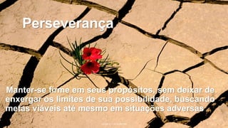 Perseverança
Manter-se firme em seus propósitos, sem deixar de
enxergar os limites de sua possibilidade, buscando
metas viáveis até mesmo em situações adversas.
JULIANA N. T. DE ALCÂNTARA 9
 