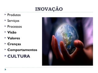 INOVAÇÃO
 Produtos
 Serviços
 Processos
 Visão
 Valores
 Crenças
 Comportamentos
 CULTURA
 