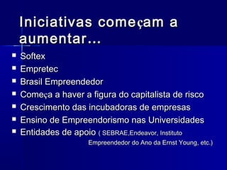 Iniciativas come çam a
aumentar …








Softex
Empretec
Brasil Empreendedor
Começa a haver a figura do capitalista de risco
Crescimento das incubadoras de empresas
Ensino de Empreendorismo nas Universidades
Entidades de apoio ( SEBRAE,Endeavor, Instituto
Empreendedor do Ano da Ernst Young, etc.)

 