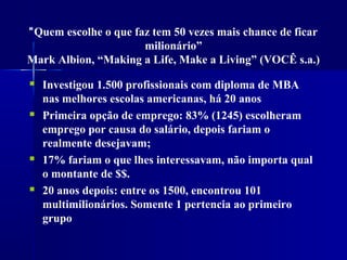 “Quem escolhe o que faz tem 50 vezes mais chance de ficar
milionário”
Mark Albion, “Making a Life, Make a Living” (VOCÊ s.a.)








Investigou 1.500 profissionais com diploma de MBA
nas melhores escolas americanas, há 20 anos
Primeira opção de emprego: 83% (1245) escolheram
emprego por causa do salário, depois fariam o
realmente desejavam;
17% fariam o que lhes interessavam, não importa qual
o montante de $$.
20 anos depois: entre os 1500, encontrou 101
multimilionários. Somente 1 pertencia ao primeiro
grupo

 