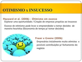 OTIMISMO x INSUCESSO
Hayward et al. (2006) - Otimismo em excesso
 Explorar uma oportunidade / Criação de empresas propícias ao insucesso
 Excesso de otimismo pode levar o empreendedor a tomar decisões de
 maneira heurística (Eeconomia de tempo p/ tomar decisões)



                               Fraser e Greene (2006)
                                Empresários inicialmente muito otimistas e
                                possíveis contribuições p/ fechamento do
                                negócio
 