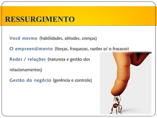 RESSURGIMENTO

Você mesmo (habilidades, atitudes, crenças)

O empreendimento (forças, fraquezas, razões p/ o fracasso)

Redes / relações (natureza e gestão dos

relacionamentos)

Gestão do negócio (gerência e controle)
 