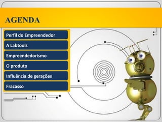 PRODUÇÃO DE
FUMO SOUZA CRUZ
AGENDA
Perfil do Empreendedor

A Labtools

Empreendedorismo

O produto

Influência de gerações

Fracasso
 