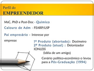 Perfil do
EMPREENDEDOR
 MsC, PhD e Post-Doc - Quimico
 Calouro de Adm - FEARP/USP

 Pai empresário - Interesse por
 empresas           1º Produto (abortado): Dosímetro
                    2º Produto (atual) : Deionizador
                    IONLESS
                          (idéia de um amigo)
                          Cenário político-econômico o levou
                          para a Pós-Graduação (1994)
 