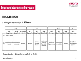 Empreendedorismo e Inovação
 EMPREENDEDORISMO E INOVAÇÃO


 DURAÇÃO E HORÁRIO

 A formação tem a duração de 30 horas:

                                Out-11                                           Nov-11                                         Nov-11                             Nov-11

              Dia 25              Dia 26     Dia 27 (Quinta-      Dia 2           Dia 3         Dia 4             Dia 8           Dia 9          Dia 10            Dia 17
           (Terça-Feira)      (Quarta-Feira)      Feira)     (Segunda-Feira) ( Terça-Feira) (Quinta-feira)    (Terça-Feira)   (Quarta-Feira) (Quinta-feira)    (Quinta-feira)

 16:00   Sessão de Abertura



                                                                                            Enquadramento
                                                                              Liderança e                                                                      Sessão Final e
 17:00   Empreendedorismo Empreendedoris                                                      Jurídico e      Finanças para  Finanças para
                                               Marketing       Marketing       Gestão de                                                       Teamwork       Apresentação dos
 20:00
            e Inovação     mo e Inovação                                                     Propriedade     Empreendedores Empreendedores
                                                                                Equipas                                                                           projectos
                                                                                              Intelectual




 Terças, Quartas e Quintas-Feiras das 17:00 às 20:00.

 www.audax.iscte.pt                                                                                                                                                         5
 