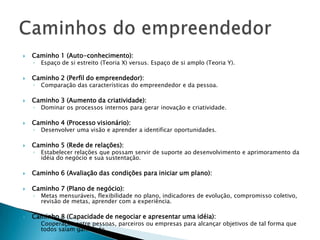    Caminho 1 (Auto-conhecimento):
    ◦   Espaço de si estreito (Teoria X) versus. Espaço de si amplo (Teoria Y).

   Caminho 2 (Perfil do empreendedor):
    ◦   Comparação das características do empreendedor e da pessoa.

   Caminho 3 (Aumento da criatividade):
    ◦   Dominar os processos internos para gerar inovação e criatividade.

   Caminho 4 (Processo visionário):
    ◦   Desenvolver uma visão e aprender a identificar oportunidades.

   Caminho 5 (Rede de relações):
    ◦   Estabelecer relações que possam servir de suporte ao desenvolvimento e aprimoramento da
        idéia do negócio e sua sustentação.

   Caminho 6 (Avaliação das condições para iniciar um plano):

   Caminho 7 (Plano de negócio):
    ◦   Metas mensuráveis, flexibilidade no plano, indicadores de evolução, compromisso coletivo,
        revisão de metas, aprender com a experiência.

   Caminho 8 (Capacidade de negociar e apresentar uma idéia):
    ◦   Cooperação entre pessoas, parceiros ou empresas para alcançar objetivos de tal forma que
        todos saiam ganhando.
 