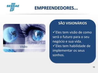 10
SÃO VISIONÁRIOS
Eles tem visão de como
será o futuro para o seu
negócio e sua vida.
Eles tem habilidade de
implementar os seus
sonhos.
EMPREENDEDORES...
 