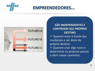 16
SÃO INDEPENDENTES E
CONTROEM SEU PRÓPRIO
DESTINO
 Querem estar a frente das
mudanças e ser dono do
próprio destino.
 Querem criar algo novo e
determinar os próprios passos
e abrir novos caminhos.
EMPREENDEDORES...
 