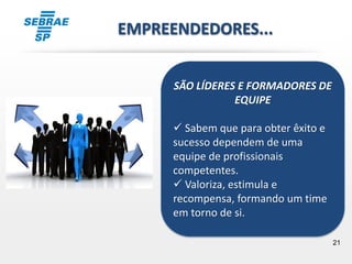 21
SÃO LÍDERES E FORMADORES DE
EQUIPE
 Sabem que para obter êxito e
sucesso dependem de uma
equipe de profissionais
competentes.
 Valoriza, estimula e
recompensa, formando um time
em torno de si.
EMPREENDEDORES...
 