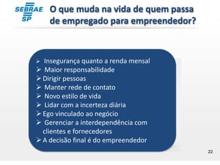 22
O que muda na vida de quem passa
de empregado para empreendedor?
 Insegurança quanto a renda mensal
 Maior responsabilidade
Dirigir pessoas
 Manter rede de contato
 Novo estilo de vida
 Lidar com a incerteza diária
Ego vinculado ao negócio
 Gerenciar a interdependência com
clientes e fornecedores
A decisão final é do empreendedor
 