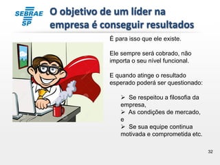 32
O objetivo de um líder na
empresa é conseguir resultados
É para isso que ele existe.
Ele sempre será cobrado, não
importa o seu nível funcional.
E quando atinge o resultado
esperado poderá ser questionado:
 Se respeitou a filosofia da
empresa,
 As condições de mercado,
e
 Se sua equipe continua
motivada e comprometida etc.
 