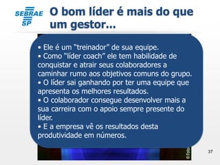 37
O bom líder é mais do que
um gestor...
• Ele é um “treinador” de sua equipe.
• Como “líder coach” ele tem habilidade de
conquistar e atrair seus colaboradores a
caminhar rumo aos objetivos comuns do grupo.
• O líder sai ganhando por ter uma equipe que
apresenta os melhores resultados.
• O colaborador consegue desenvolver mais a
sua carreira com o apoio sempre presente do
líder.
• E a empresa vê os resultados desta
produtividade em números.
 
