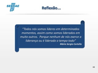 44
Reflexão...
“Todos nós somos líderes em determinados
momentos, assim como somos liderados em
muito outros. Porque nenhum de nós exerce a
liderança ou é liderado o tempo todo”
Mário Sergio Cortella
 