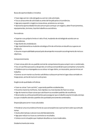 Busca de oportunidades e iniciativa 
• Fazer algo sem ter sido obrigado ou sem ter sido solicitado. 
• Faz as coisas antes de solicitado ou antes de forçado pelas circunstâncias. 
• Age para expandir o negócio a novas áreas, produtos ou serviços. 
• Aproveita oportunidades fora do comum para começar um negócio, obter financiamentos, 
equipamentos, terrenos, local de trabalho ou assistência. 
Persistência 
• Superar o seu próprio limite e ir até o final, mudando de estratégia de acordo com as 
circunstâncias. 
• Age diante de umobstáculo. 
• Age repetidamente ou muda de estratégia a fim de enfrentar um desafio ou superar um 
obstáculo. 
• Assume responsabilidade pessoal pelo desempenho necessário ao atingimento de metas e 
objetivos. 
Comprometimento 
• Fazer coisas além do seu padrão normal de comportamento para cumprir com o combinado. 
• Faz um sacrifício pessoal ou despende um esforço extraordinário para completar uma tarefa. 
• Colabora com os empregados ou se coloca no lugar deles, se necessário, para terminar um 
trabalho. 
• Esmera-se em manter os clientes satisfeitos e coloca em primeiro lugar a boa vontade em 
longo prazo, acima do lucro em curto prazo. 
Exigência de qualidade e eficiência 
• Fazer as coisas “com carinho", superando padrões estabelecidos. 
• Encontra maneiras melhores, mais rápidas e ou mais baratas de fazer as coisas. 
• Age de maneira a fazer coisas que satisfazem ou excedem padrões de excelência. 
• Desenvolve ou utiliza procedimentos para assegurar que o trabalho seja terminado a tempo 
ou que o trabalho atenda a padrões de qualidade previamente combinados. 
Disposição para correr riscos calculados 
• Ponderar uma circunstância frente às suas conseqüências e pensar bem sobre que atitude 
tomar. 
• Avalia alternativas e calcula riscos deliberadamente. 
• Age para reduzir os riscos ou controlar os resultados. 
• Coloca-se em situações que implicam desafios ou riscos moderados. 
Estabelecimento de metas 
 