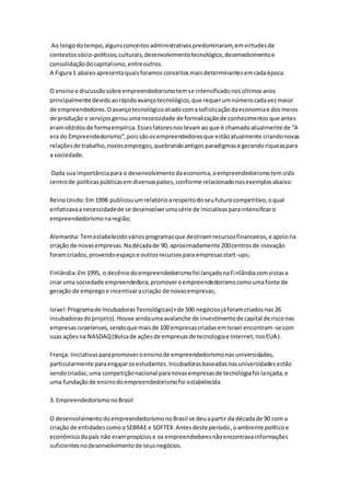 Ao longo do tempo, alguns conceitos administrativos predominaram, em virtudes de 
contextos sócio-políticos, culturais, desenvolvimento tecnológico, desenvolvimento e 
consolidação do capitalismo, entre outros. 
A Figura 1 abaixo apresenta quais foramos conceitos mais determinantes em cada época. 
O ensino e discussão sobre empreendedorismo tem se intensificado nos últimos anos 
principalmente devido ao rápido avanço tecnológico, que requer um número cada vez maior 
de empreendedores. O avanço tecnológico aliado com a sofisticação da economia e dos meios 
de produção e serviços gerou uma necessidade de formalização de conhecimentos que antes 
eram obtidos de forma empírica. Esses fatores nos levam ao que é chamado atualmente de “A 
era do Empreendedorismo”, pois são os empreendedores que estão atualmente criando novas 
relações de trabalho, novos empregos, quebrando antigos paradigmas e gerando riqueza para 
a sociedade. 
Dada sua importância para o desenvolvimento da economia, o empreendedorismo tem sido 
centro de políticas públicas em diversos países, conforme relacionado nos exemplos abaixo: 
Reino Unido: Em 1998 publicou um relatório a respeito do seu futuro competitivo, o qual 
enfatizava a necessidade de se desenvolver uma série de iniciativas para intensificar o 
empreendedorismo na região; 
Alemanha: Tem estabelecido vários programas que destinam recursos financeiros, e apoio na 
criação de novas empresas. Na década de 90, aproximadamente 200 centros de inovação 
foram criados, provendo espaço e outros recursos para empresas start-ups; 
Finlândia: Em 1995, o decênio do empreendedorismo foi lançado na Finlândia com vistas a 
criar uma sociedade empreendedora, promover o empreendedorismo como uma fonte de 
geração de emprego e incentivar a criação de novas empresas; 
Israel: Programa de Incubadoras Tecnológicas(+ de 500 negócios já foram criados nas 26 
incubadoras do projeto). Houve ainda uma avalanche de investimento de capital de risco nas 
empresas israelenses, sendo que mais de 100 empresas criadas em Israel encontram-se com 
suas ações na NASDAQ (Bolsa de ações de empresas de tecnologia e Internet, nos EUA). 
França: Iniciativas para promover o ensino de empreendedorismo nas universidades, 
particularmente para engajar os estudantes. Incubadoras baseadas nas universidades estão 
sendo criadas; uma competição nacional para novas empresas de tecnologia foi lançada; e 
uma fundação de ensino do empreendedorismo foi estabelecida. 
3. Empreendedorismo no Brasil 
O desenvolvimento do empreendedorismo no Brasil se deu a partir da década de 90 com a 
criação de entidades como o SEBRAE e SOFTEX. Antes deste período, o ambiente político e 
econômico do país não eram propícios e os empreendedores não encontrava informações 
suficientes no desenvolvimento de seus negócios. 
 